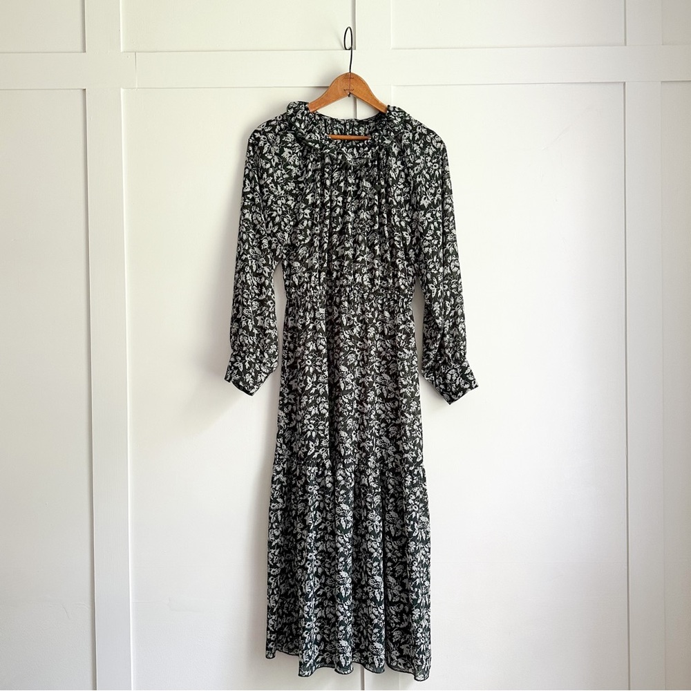 Madewell Ruffle-Neck Tiered Midi Dress in Forest Leaves